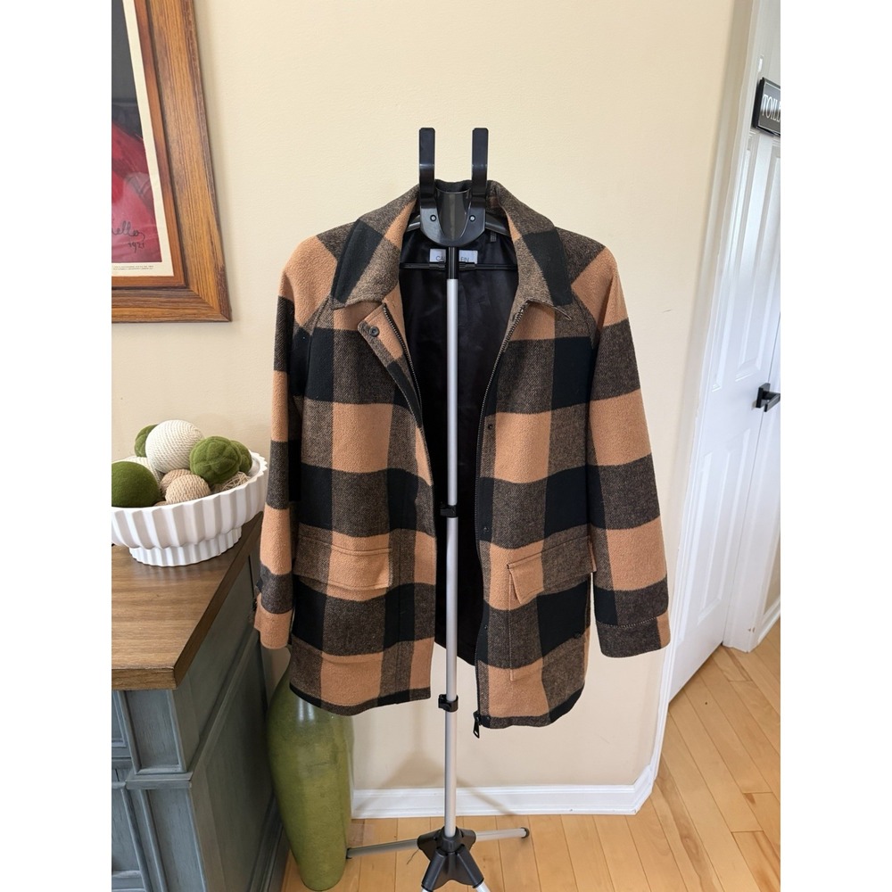 Calvin Klein Women's Medium Buffalo Plaid Wool Blend Coat Jacket Brown Black
